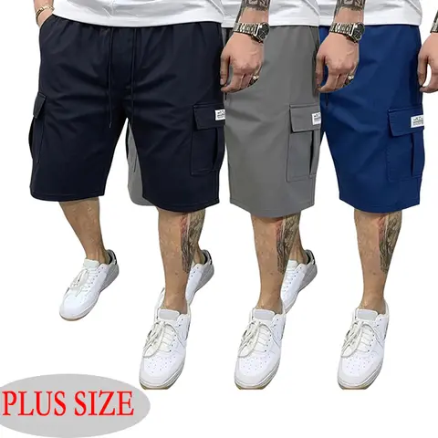 Men's Plus Size 3-Piece Plain Knee-Length Fitted Shorts Set - Earth Yellow, Black, Gray, Blue - Polyester, Slanted & Multi-Pockets, Machine Washable - Versatile Casual Wear for Summer Outings, Travel