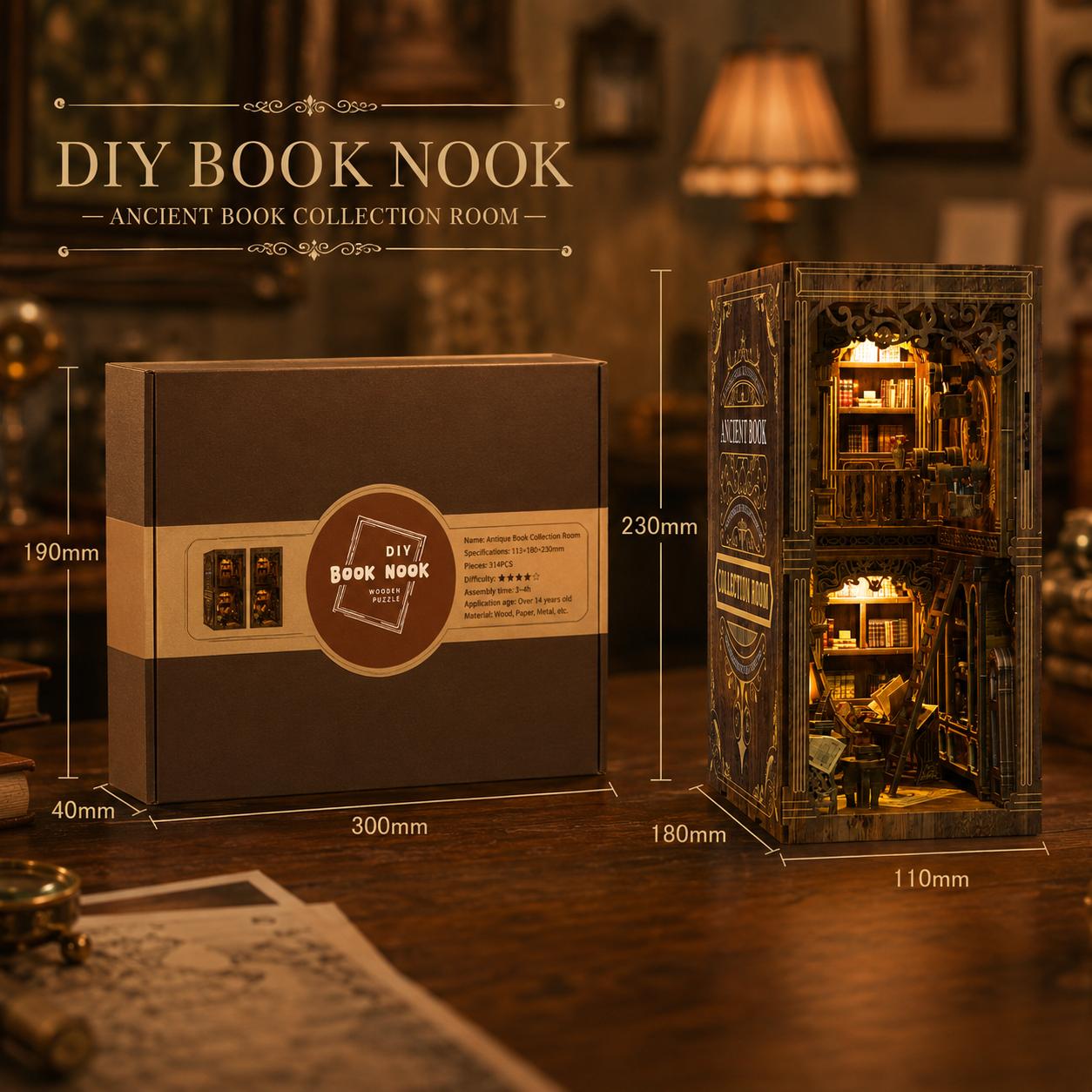 DIY Book Nook Kit Ancient Library – Wooden Miniature Dollhouse with LED Light, Bookshelf Insert Decor