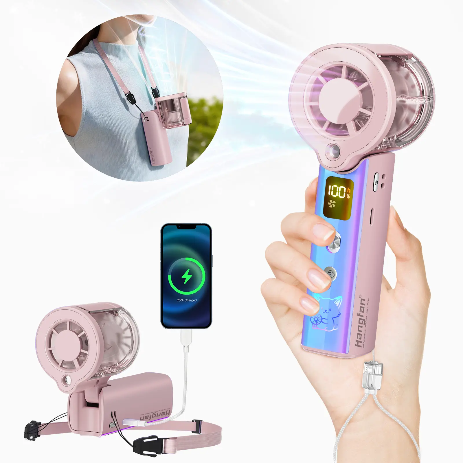 【Hangfan】Ultra Quiet 100 Speed Adjustable Handheld Spray Fan 3000mAh Rechargeable Foldable Mini Fan Built in LED Light Power Bank Portable USB Cooling Fan Personal Air Cooler for Travel Office Concert Shopping Outdoor Camping Daily Use