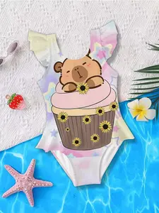 Summer Girls Casual Cool Cute Sleeveless Triangle Jumpsuit Swimwear, Triangle Bathing Suit Kid, Beach Vacation Holiday Birthday Gift, Cartoon Bear Cake Star Background