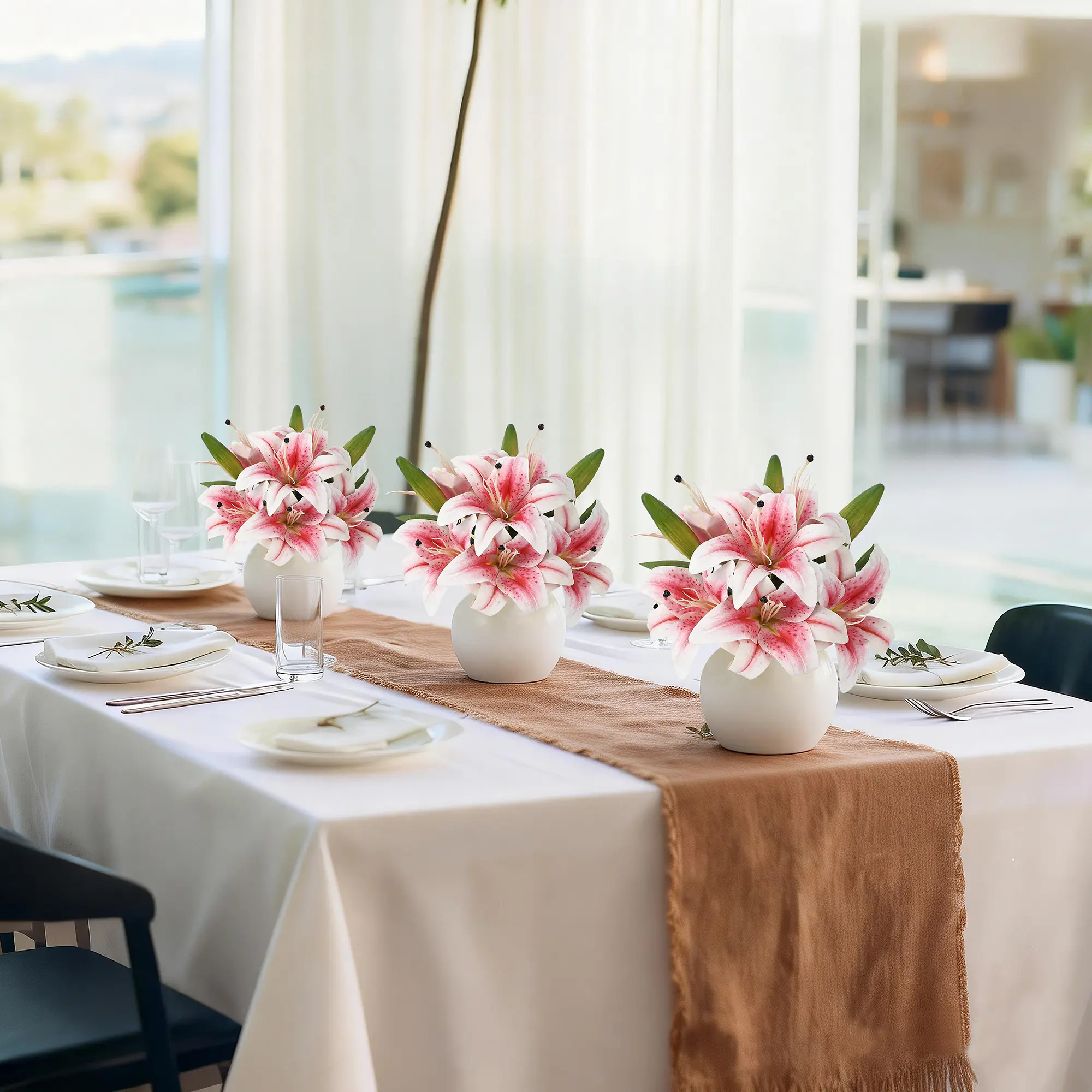 Artificial Lily Flowers with Ceramic Vase, Pink Silk Lily Flower Arrangement, Fake Flowers in Vase Centerpiece, Faux Floral Arrangement for Table Decor, Shelf, Bathroom, Wedding, Home Decoration
