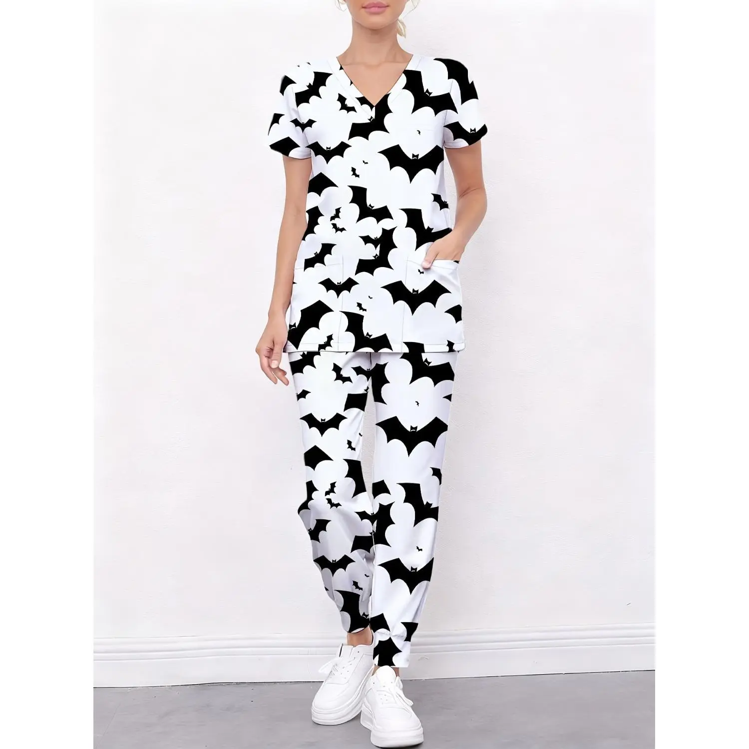 2-Piece V-Neck Nurse Uniform with Leggings - Black and White Bat Print Halloween Outfit, Women's Loungewear Pajamas, Halloween Costume, Casual Wear, Durable Homewear, Soft Material, Nurse Attire