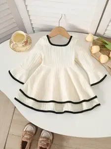 Girls' Plain Square Neck Flare Sleeve Mini Dress, Y2K Style, Spring & Fall Casual Wear, Daily Leisure Clothing
