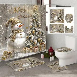 1/4pcs Golden Christmas tree and snowman design shower curtain set, non-slip mat, U-shaped rug, toilet seat cover, perfect for bathroom decoration, partitioning, and beautifying the space, Bathroom Decoration Accessories. Includes 12 shower curtain hooks.