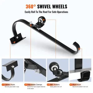 2 Pack Ladder Roof Hook Stabilizer Fixed Wheel Swivel Bar Steel for Secure Roof Climbing Protection