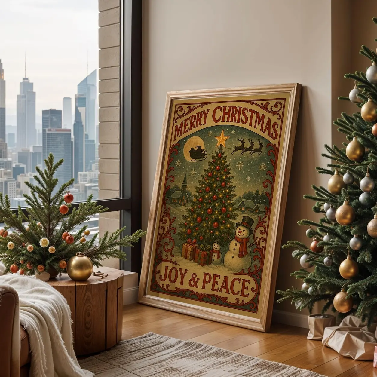 Vintage Christmas Poster – Merry Christmas Wall Art, Joy and Peace Holiday Print (| Framless Poster X