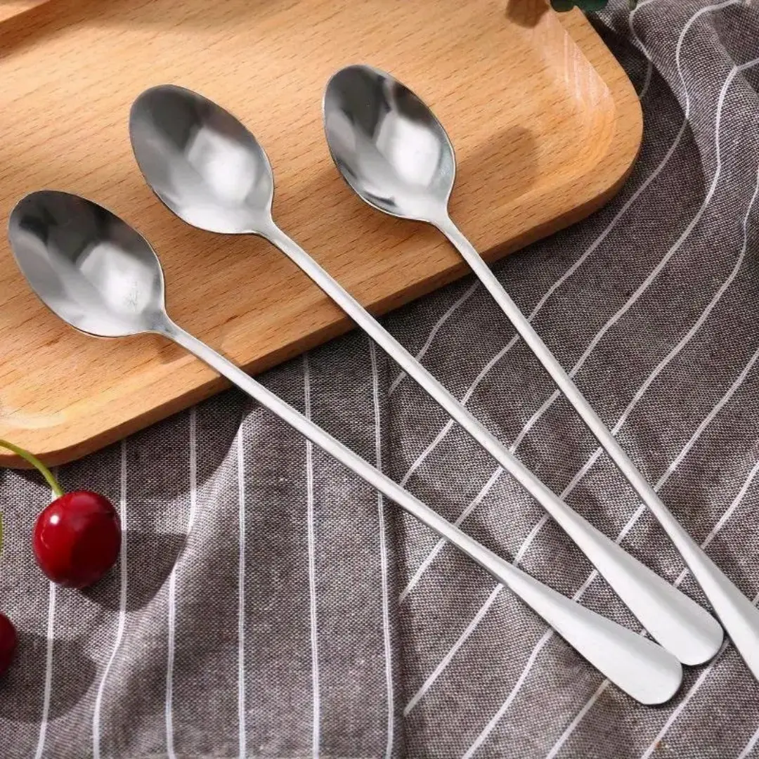 Four piece set of long handled teaspoons, stainless steel coffee spoon | circular spoon head can penetrate into tall glass cups and deep mugs, making it easy to stir espresso, iced tea, cold drinks, or scoop desserts.
