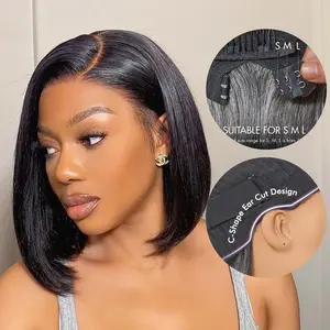[bidding]Upgraded Ready to Go Blunt Cut Bob Closure Short HD Lace Glueless Wig 100% Human Hair Wear Go Outdoorfun