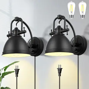 Plug in Wall Sconces Set of 2, Modern Black Rotatable Wall Lamp with Dimmable Switch Vintage Plug in Wired Wall Lights Fixture for Bedroom Nightstand Headboard Reading Living Room