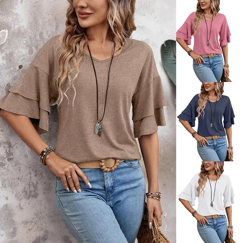 Women's V Neck Ruffle Sleeve Loose Fit Tops Casual Short Sleeve Blouse for Summer Vacation, Daily Wear, Work & Weekend Outfits