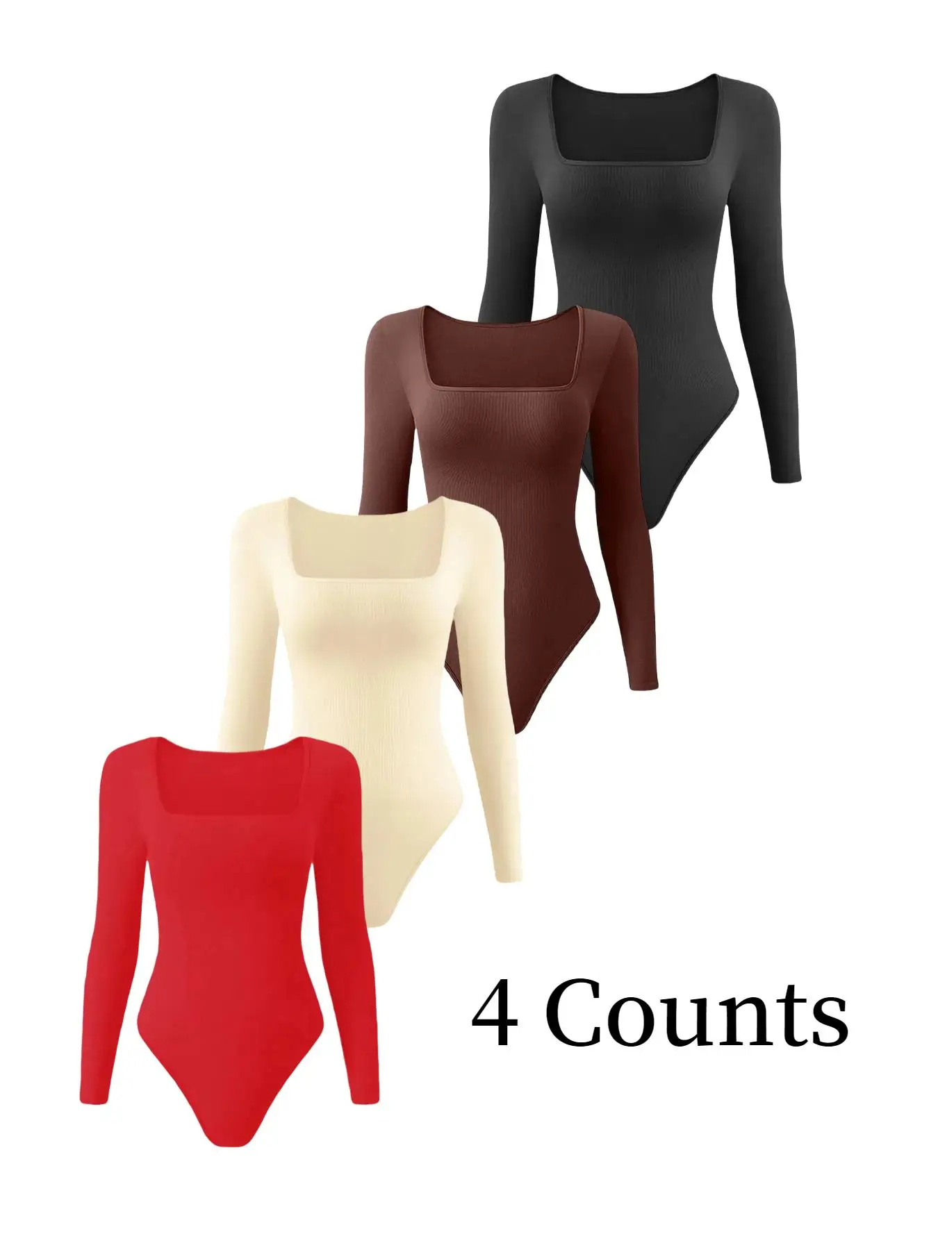 Women's Solid Square Neck Long Sleeve Shapewear Bodysuit, Casual Comfy Tummy Control Shaper for Daily Wear, Ladies Shapewear for All Seasons