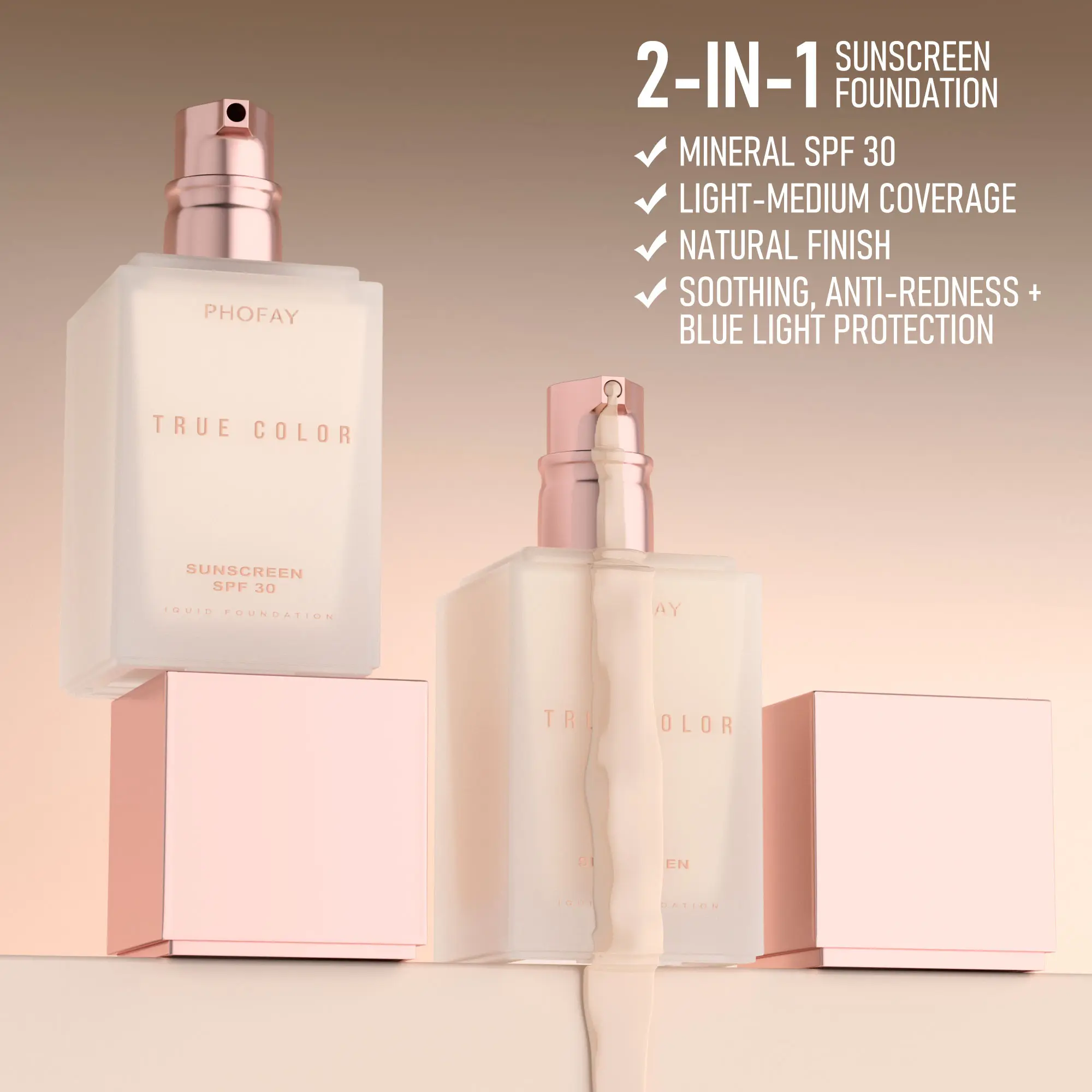 PHOFAY True Color 2-in-1 Mineral Sunscreen Liquid Foundation SPF 30 Light Coverage Natural Finish Makeup with Brush Wheat Shade Waterproof Flawless Summer Gift # glamour cr pr from brands cover glow perfect pink cushion mimicking glass skin glad 2