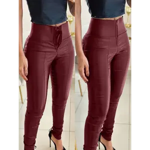 [Tummy Control Leather Pants] High-Waist Tummy Control Women's PU Leather Skinny Pants - Zipper Fly, Anti-Chafing Lining, Double-Layer Support, Red, Casual Style, Comfortable Fit