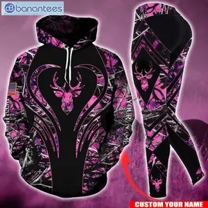 Custom Name Pink Deer Hunting Camo Hoodie and Leggings Set for Women, Country Girl Outdoor Outfit, Personalized Hunting Apparel