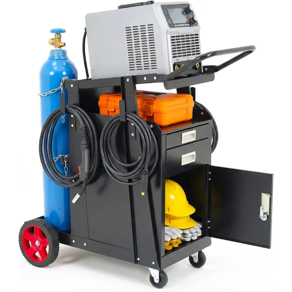 Heavy-Duty Carbon Steel Multi-Tier Welding Cart with Drawers, Cabinet, Roll Handle, Gas Holder, Safety Chain, PVC Casters, 220lb Capacity for MIG/TIG/Arc Welders, Plasma Cutters – Ideal for Home Garages, Industrial Settings, Repair Shops, Metal