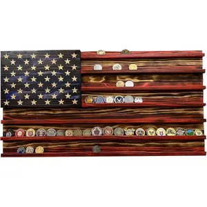 American Flag Wooden Coin Display Rack - 6-Row Military Challenge Coin Holder, 26x45cm Wall/Desktop Medal Case, Patriotic Rustic Home Decor, Independence Day Gift for Veterans, Collectors