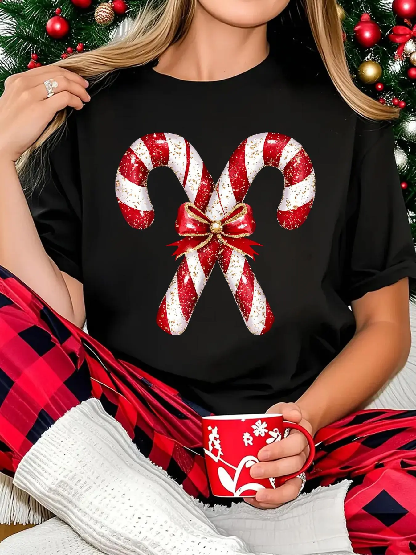 100% Cotton Women T-shirt  Women Christmas T-shirt Retro Coquette Bow Candy Cane Christmas Season Girls s T-Shirt Print Round Neck Short Sleeve T-Shirt For Women Casual, Summer, Women Top Graphic Tees Women Tops