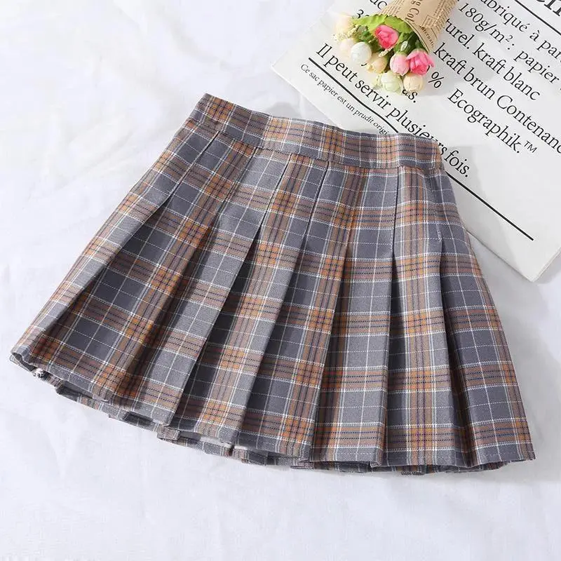 Women Summer Preppy Style Plaid Pleated Skirt School Uniform Anti Glare JK Skirt Harajuku Zipper Culotte High Waist A-line Skirt