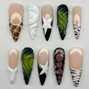 Almond on Nails Long Almond 3D Fake Nails French Tip Nails ons with Zebra Leopard Print Star Design Ripple Acrylic Glue on Nails Leopard Print Artificial Stick on Nails for Women 24Pcs