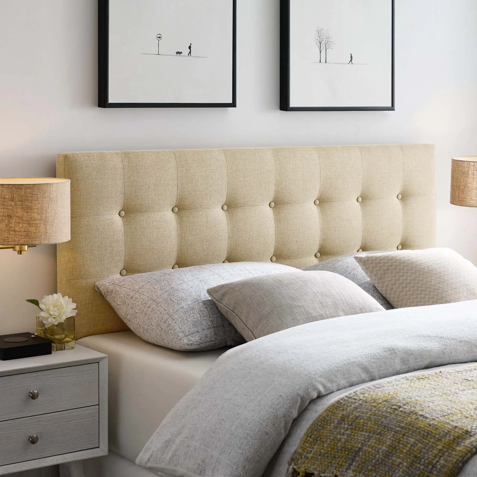 Modway Emily Queen Upholstered Fabric Headboard in Beige Modway Emily Queen Upholstered Fabric Headboard in Beige