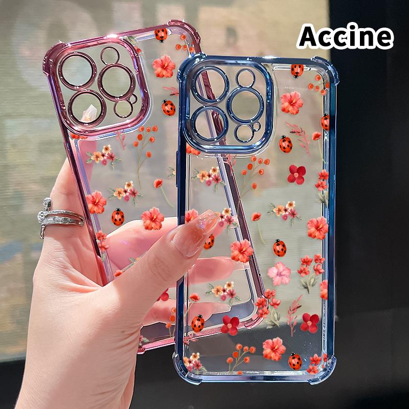 Floral Ladybug Symphony Pattern Four Corner Anti-Fall Phone Case Transparent Electroplated Protective Cover for iPhone 16 Pro Max 15 Plus 14 13 12 11 E