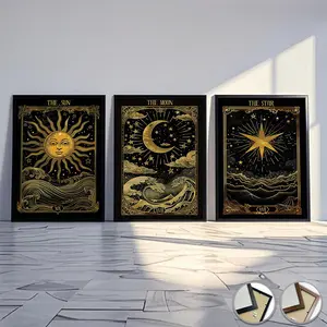 Sun & Moon & Star Pattern Canvas Painting with Frame, Modern Art Design, Retro Wall Art Posters, Wall Art Decor for Home Living Room Bedroom Office, Ornaments
