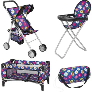 fash n kolor 3 Piece Baby Doll Play Set Flower Design Includes - Foldable Pack N Play, Baby Doll Stroller, Baby Doll High Chair, Fits Up to 18'' Dolls 3 Piece Doll Accessories Set, Best Gift for Girls
