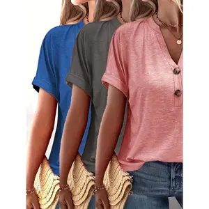 3-Pack Women's Plus Size V-Neck T-Shirts - Soft, Stretchy, Comfortable for Spring/Summer (Casual, Solid Colors)
