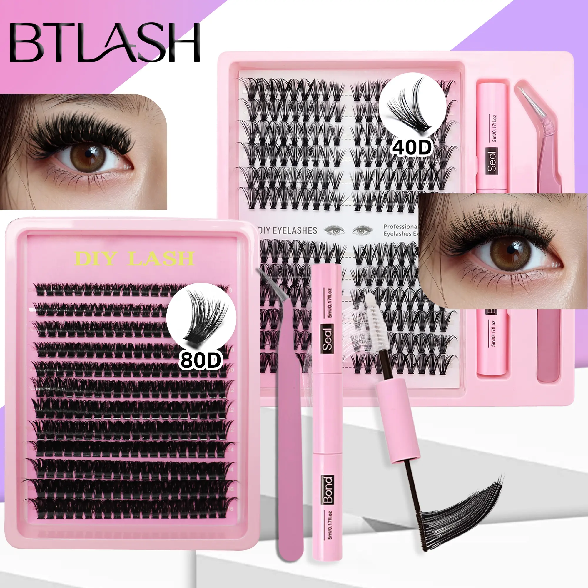 BTLASH 8-16mm DIY Clusters Kit, Fluffy Individual Cluster Eyelashes with Lash Bond & Seal, Tweezers, Mixed Length 8-16mm Volume Segmented False Eyelashes for Home Lash Extension