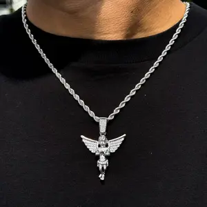 Iced Baby Angel Religious Pendant & 4mm 24" Rope Chain Bling Fashion Jewelry Necklace Gift For Men, Women