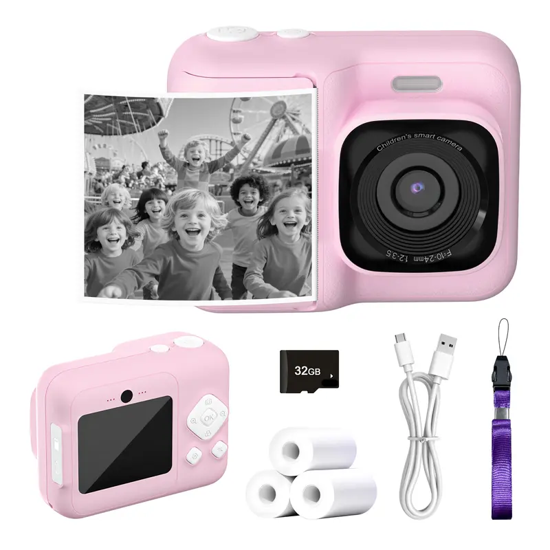 Durable Kids' HD Digital Instant Camera That Prints Photos - 2.4" Screen, 32GB SD Card, 3 Rolls Printing Paper, Games, MP3, Cool Gifts for Boys, Christmas Gift Ideas for Outdoor Use