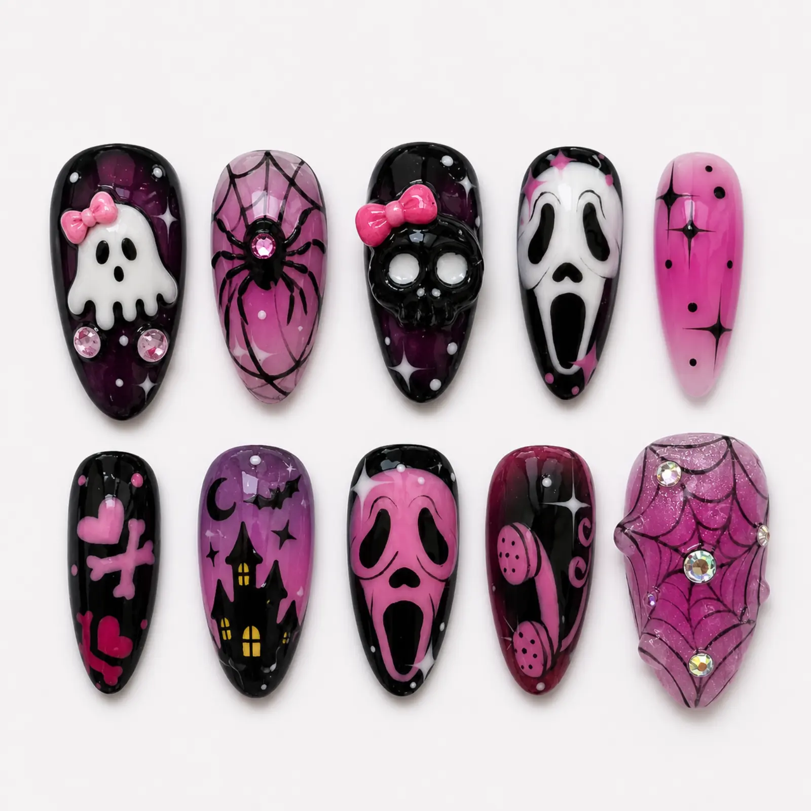Pink Horror Press On Nails, Ghost Face Inspired Art, Spider Web Design, Skull Accent Details, Handmade Gothic Halloween Nail Set