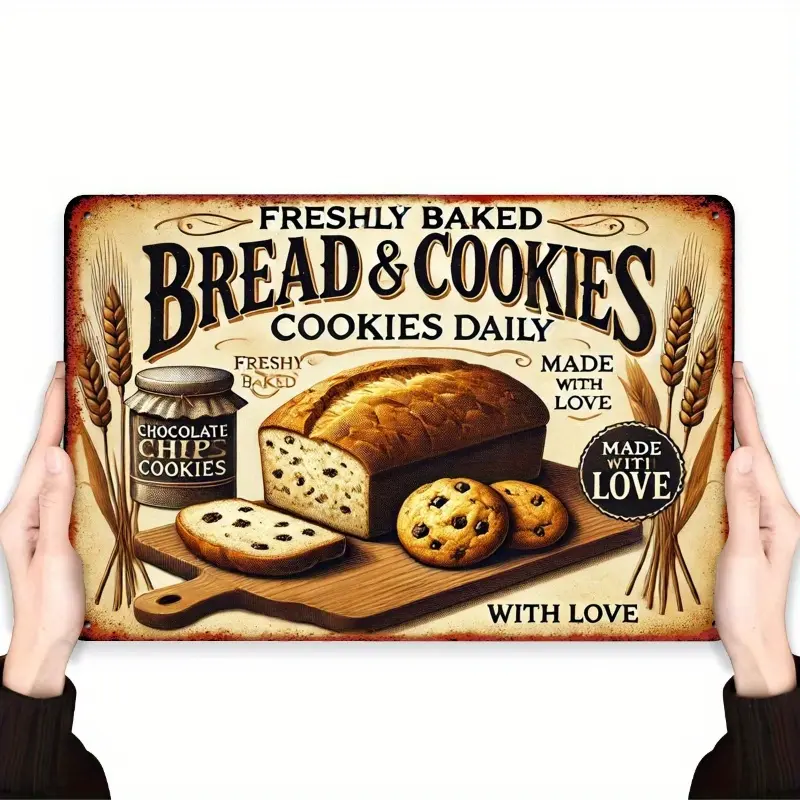 2D Vintage "Daily Freshly Baked Bread & Cookies" Iron Sign - Rustic Wall Decor for Coffee Shops, Bakeries, Restaurants & Home Kitchens - Perfect Gift for Family & Friends, Kitchen Wall Art | Vintage Kitchen Sign | Durable Iron Sign, Kitchen Decor