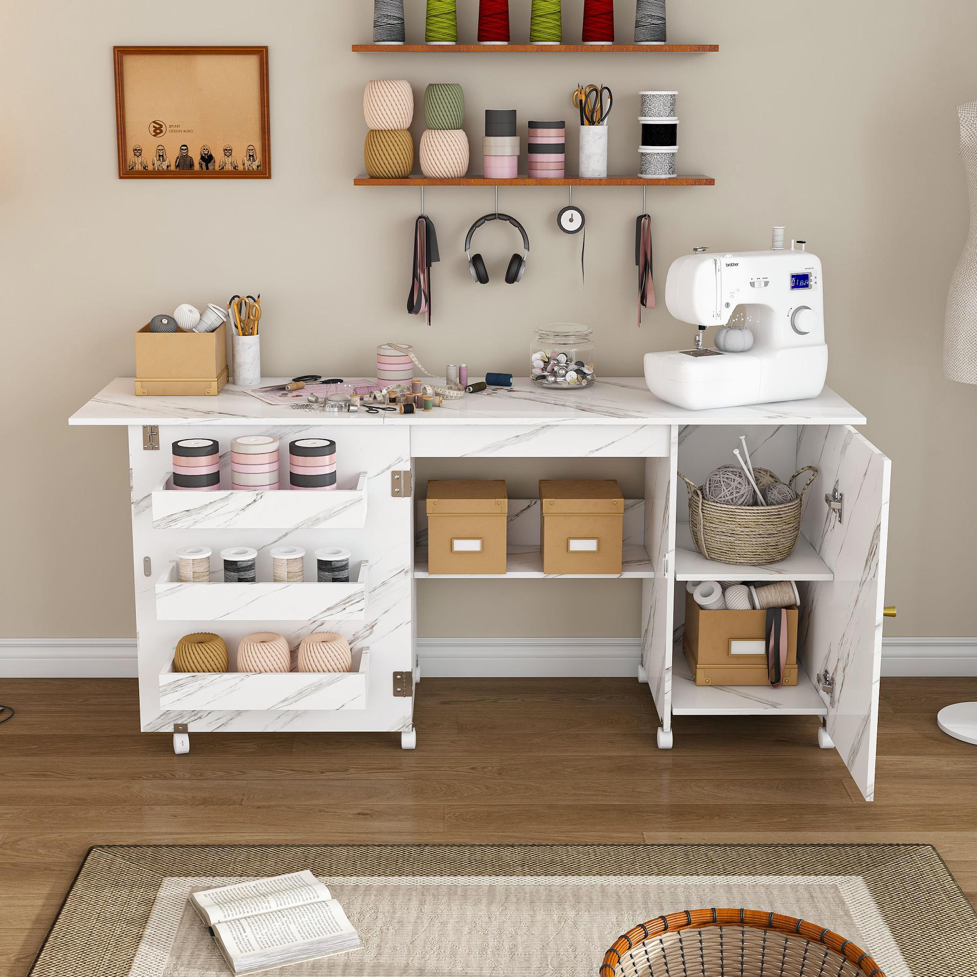 57.5" Foldable Sewing Machine Table with Locking Casters, Multi-Storage Craft Station with Shelves, Bins & Cabinet, Adjustable Sewing Cabinet for Home, Bedroom, and Craft Room(White)