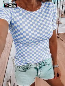 Women's Summer Casual Colorblock Plaid Print Slim Fit Ribbed Round Neck Short Sleeve T-Shirt, Casual Style Tee, Stylish, Chic and Comfortable Fashion Top, Fitted