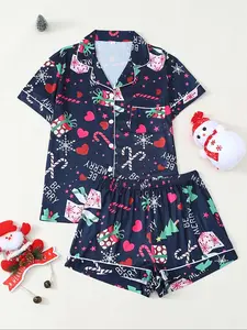 Women's Christmas Gingerbread Print Pajama Set, Matching Pyjamas, Short Sleeve Lapel Top & Shorts, Holiday Warm Robe, Perfect Gift Choice