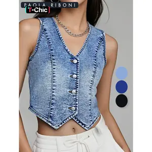 Women's Plain Denim Vest, Casual Sleeveless Vest for Summer, Ladies Clothes for Daily Wear, Minimalist Fitted Vest