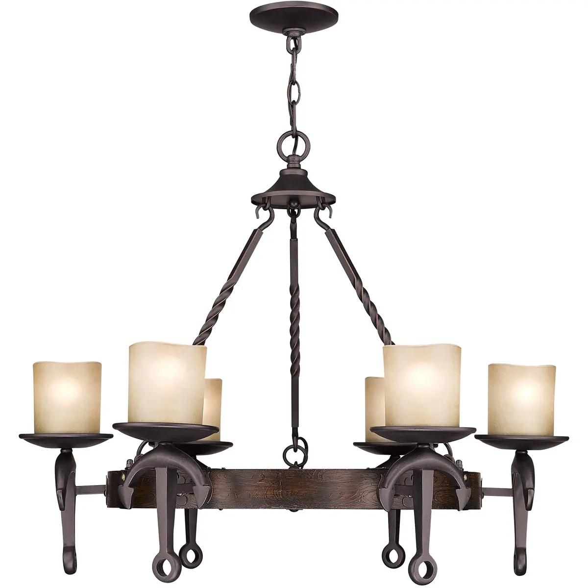 6 Light Olde Bronze Chandelier with Vintage Hand Blown Satin Glass Shade