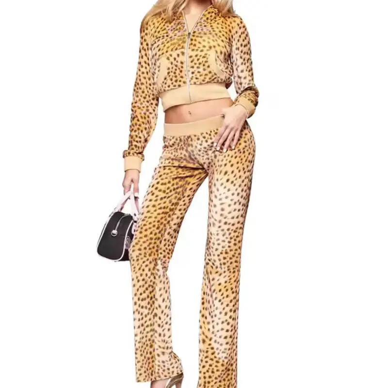 GIA x VON DUTCH 2-Piece Leopard Print Embroidered Rhinestone Zip-Up Hooded Jacket & Pants Set