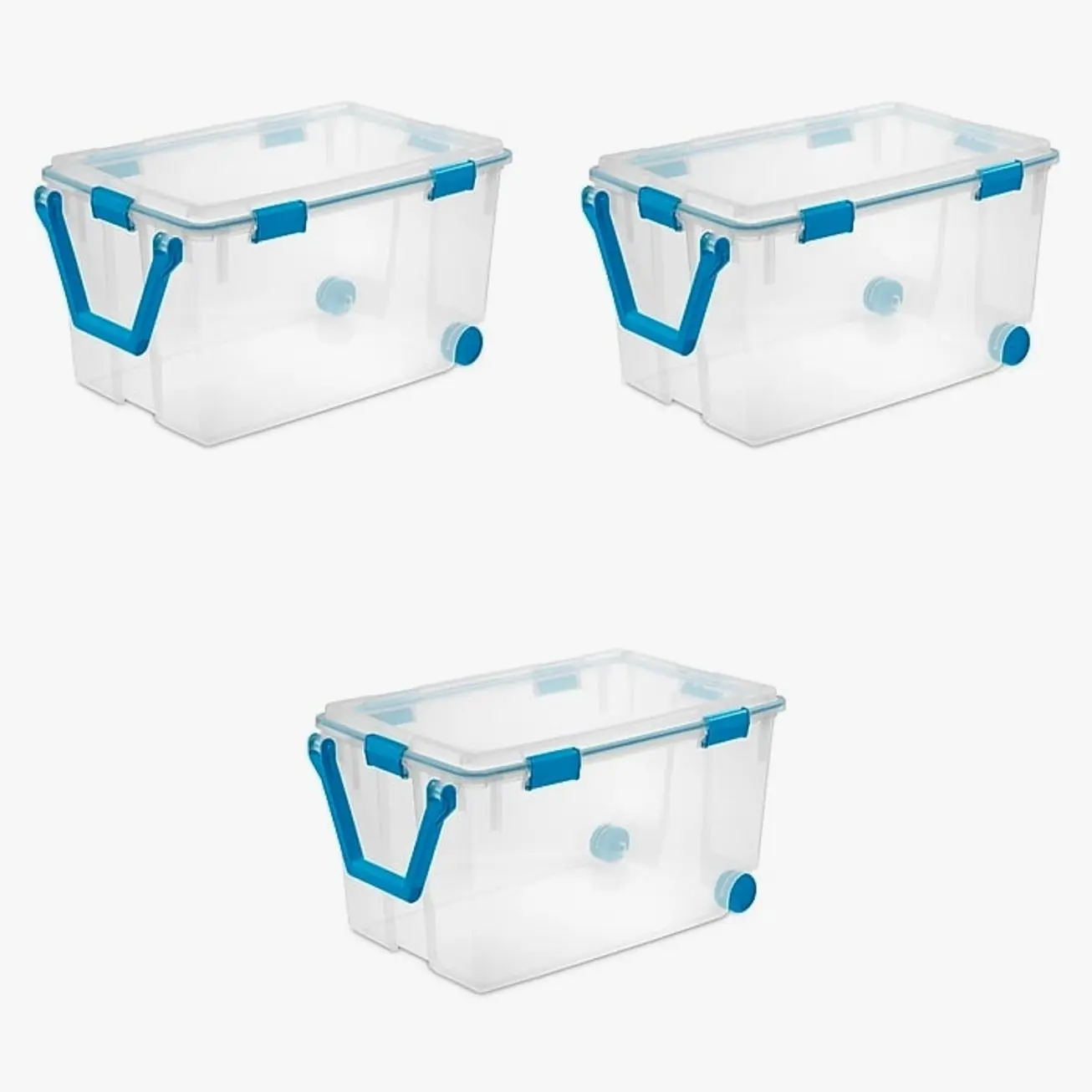 Sterilite 120 Quart Wheeled Gasket Box with Lid, Plastic, Clear/Blue Aquarium, 3/Carton (19434303)