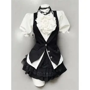 Harajuku Gothic Retro Chic Women’s Three-Piece Set (2025): Bubble-Sleeve Shirt + Slimming Tank Top + Cake Skirt