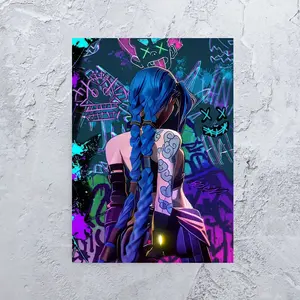 Anime Jinx Frameless Canvas Wall Art, Vibrant Blue-Haired Character with Glowing Tattoos, Perfect for Bedroom or Living Room Decor