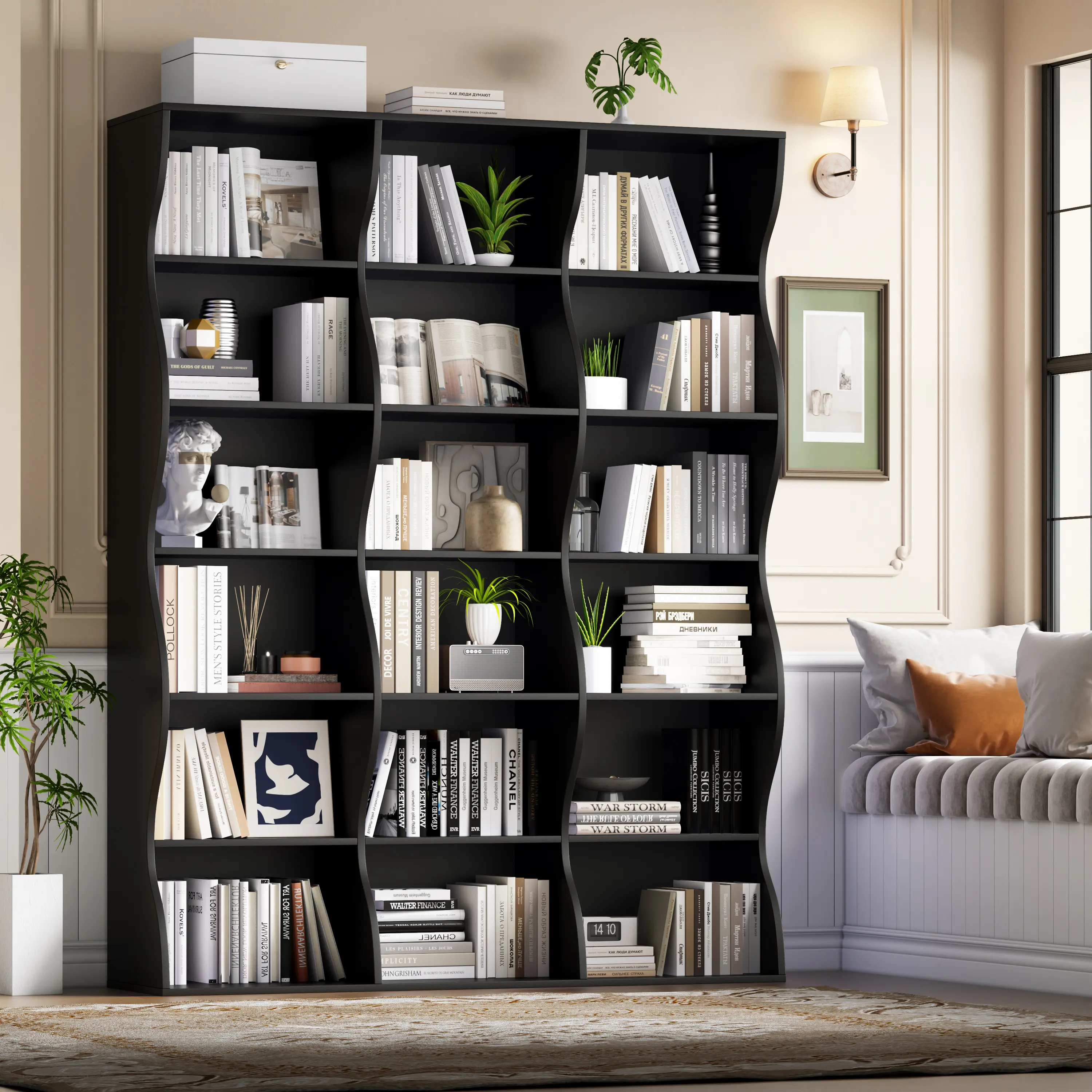 Gyfimoie 71" Triple Wide Bookshelf, 6 Tier Tall Bookcase, Large Book Shelves with 18 Open Display Shelves, Black Bookcase