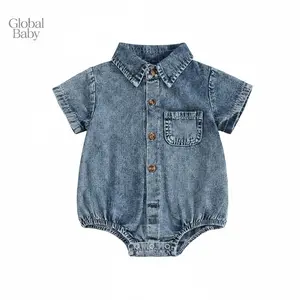 Global Baby Infant Boys Girls Denim Romper Solid Color Short Sleeve Turn-Down Collar Baby Jumpsuits Kids Girls Denim Overalls Short Sleeves Turn Down Collar Button Down Elastic Waist Jean