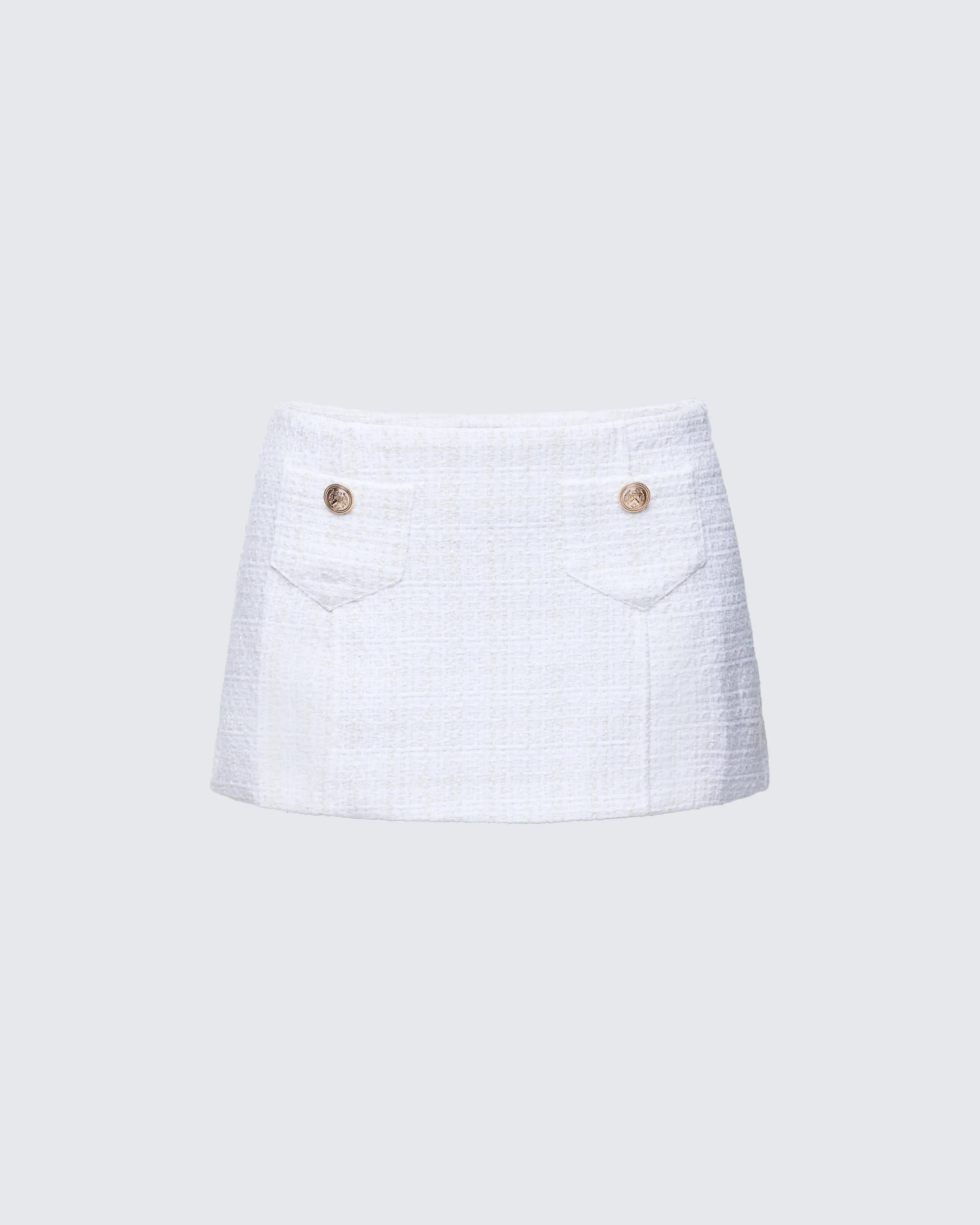 Women's Chic White Tweed Mini Skirt, Mid-Rise A-Line Polyester Bottom with Gold Button Accents and Patch Pockets - Size XS, Textured Tweed, Rooftop Brunch