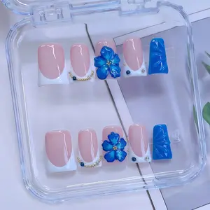 3D Flowers Collection Fake Nails, Handmade 3D Flower & Hand Drawn Design And Sparkling Rhinestone & Bow Decor Duckbill Shaped Duck Nails, 10pcs/set Glossy Y2K Style Handmade Press On Nails, For Women & Girls DlY Nail Art, Nail Supplies