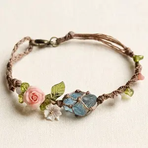 Handmade Cottagecore Fairy Bracelet | Raw Blue Crystal & Pink Rose Aesthetic | Adjustable Braided Cord | Whimsigothic Boho Gift for Her