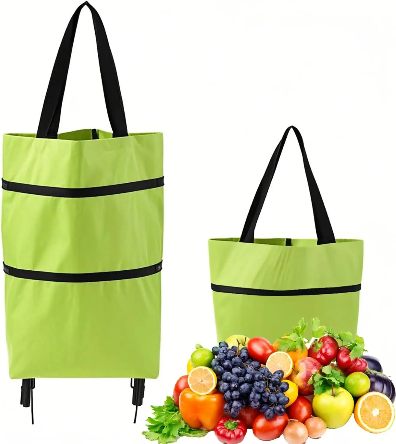 2 in 1 Foldable Shopping Cart with Wheels, Foldable Shoppings Bag Carts, Collapsible Rolling Tote Shoppings Bags for Supermarket and Travel,Green