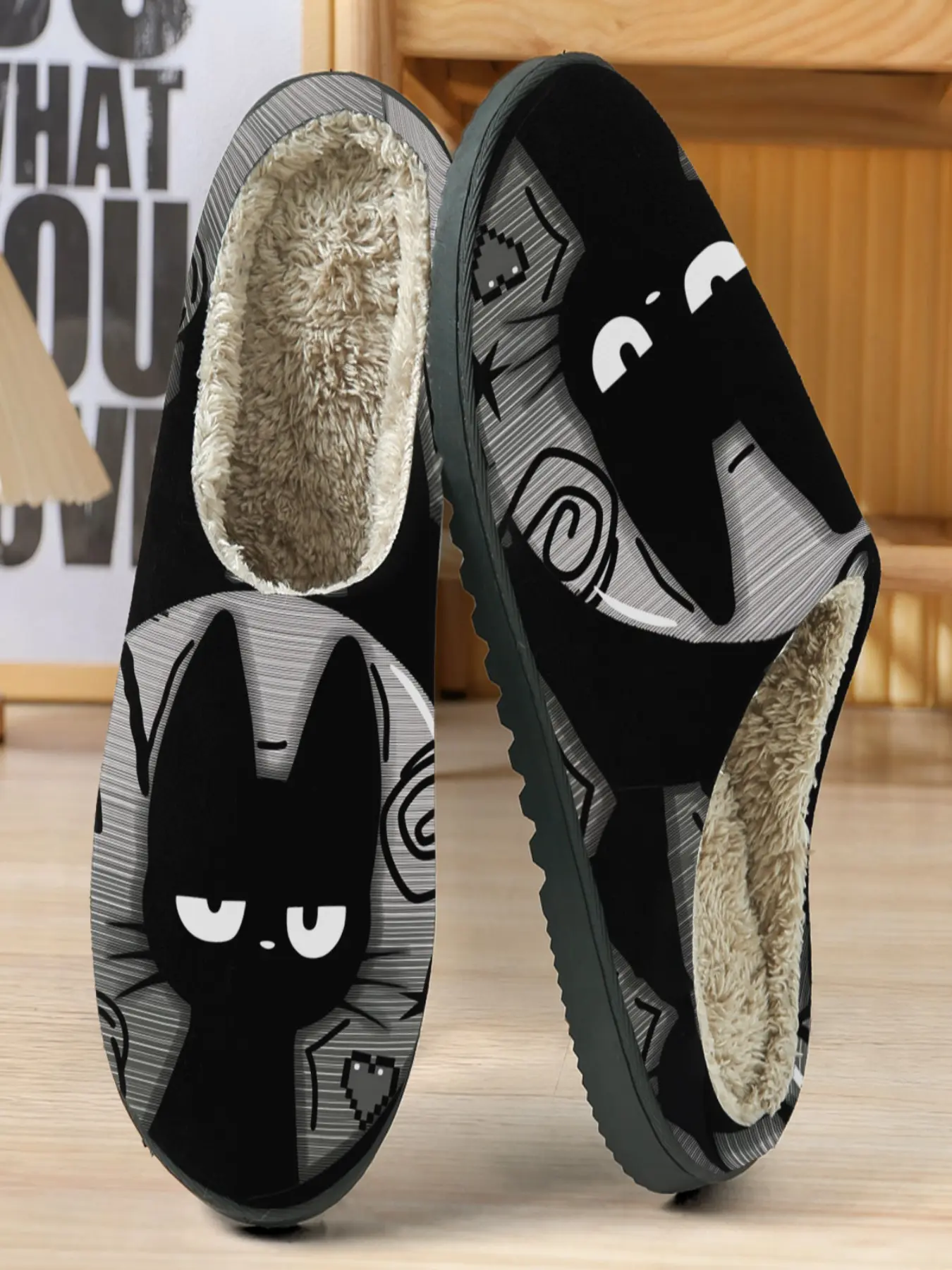 Dark Cute Cat Theme Cartoon Cotton Slippers, Base, Japanese Comic Design, Soft Plush Lining, Casual Home Wear
