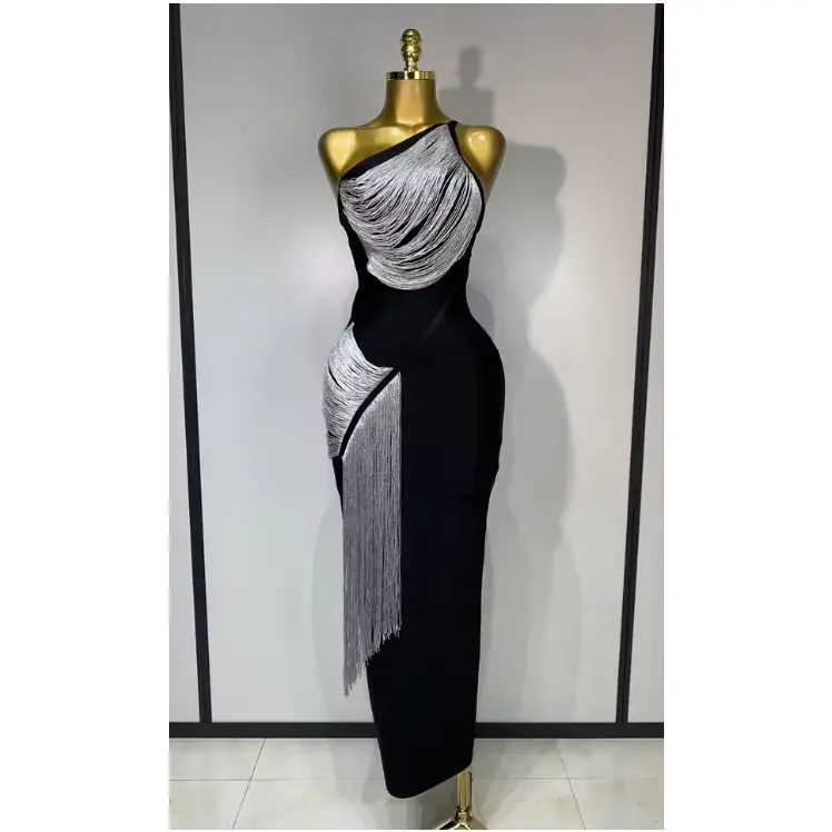 Cindy Sexy Slanted Collar Silver Tassel Bandage Dress - TikTok Shop Cindy Sexy Slanted Collar Silver Tassel Bandage Dress - TikTok Shop